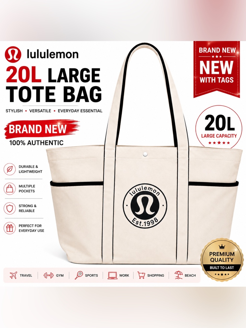 NEW Lululemon 20L Canvas Tote Bag Large Capacity Travel Gym Beach Market Bag